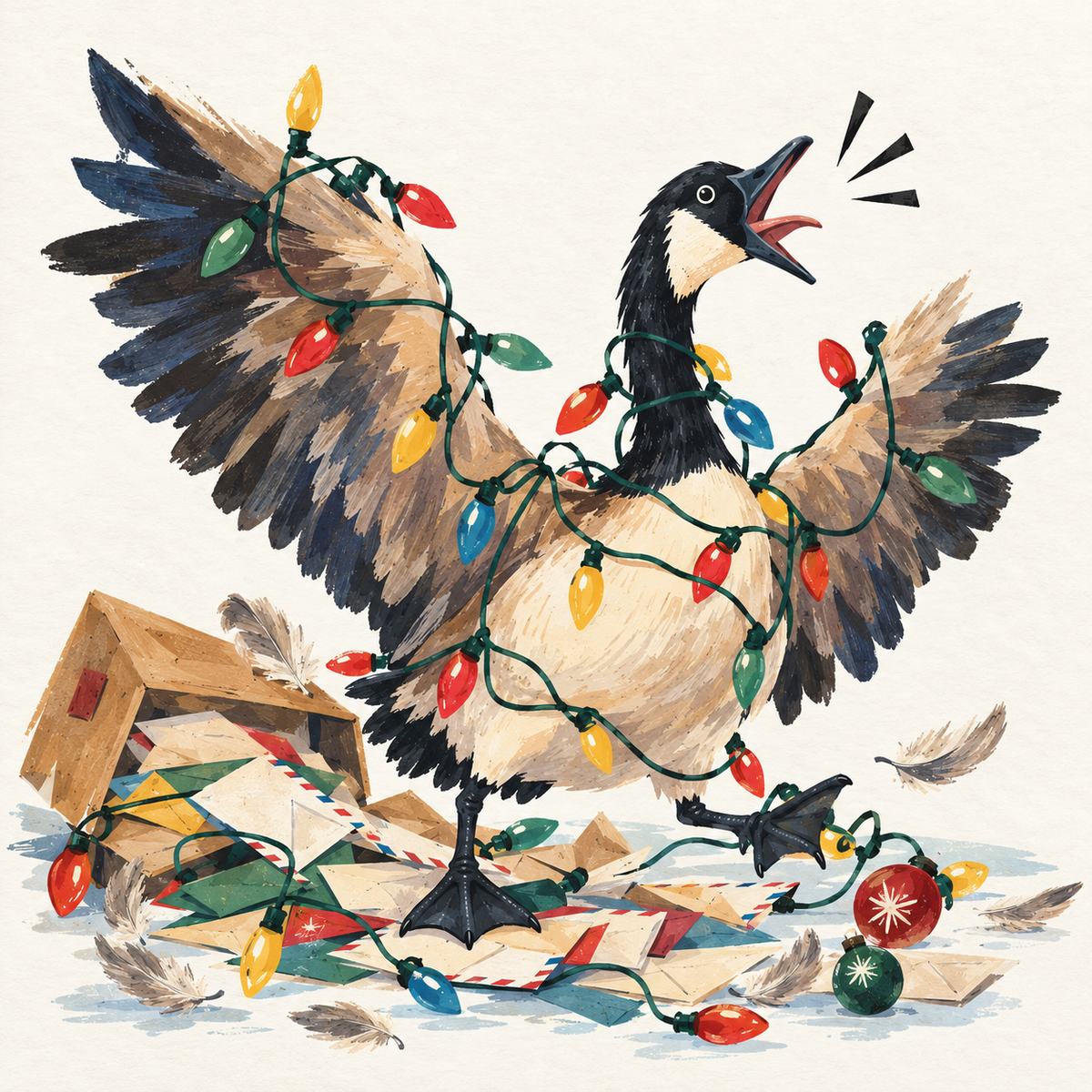 Unpublished botanical artwork: a Canada Goose tangled in Christmas lights honking obnoxiously.