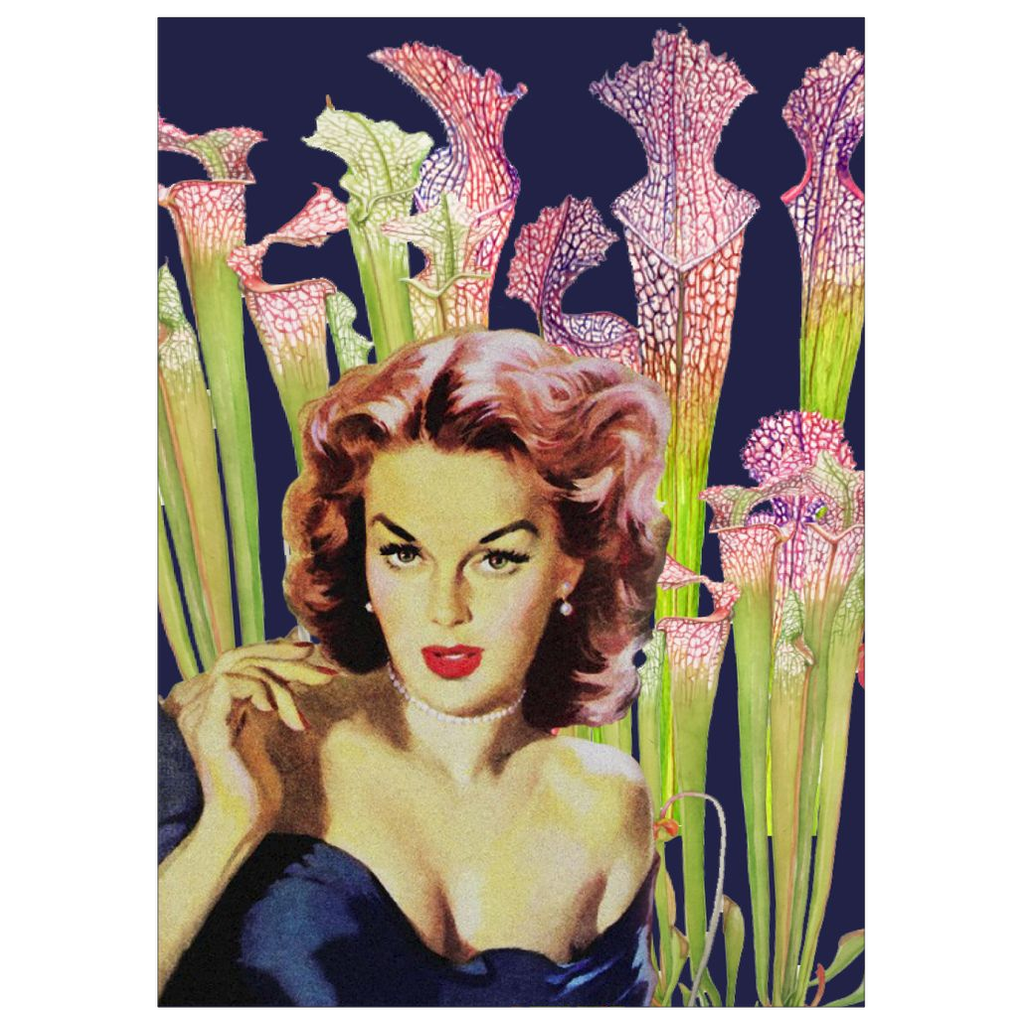 Autumn botanical illustration of a blonde woman in a blue dress surrounded by pitcher plants