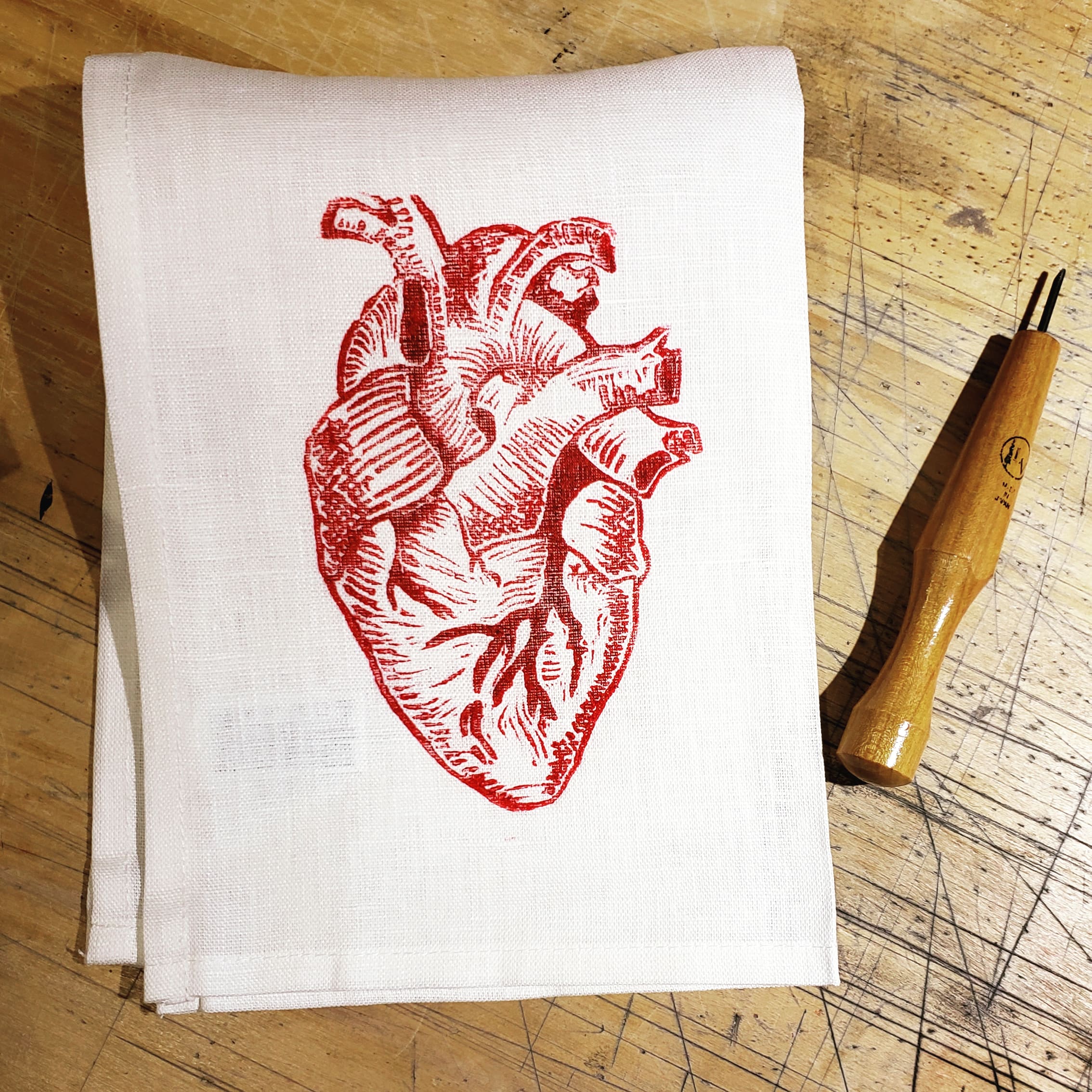 Anatomical Heart | Hand-printed Linocut Tea Towel | 100% Linen