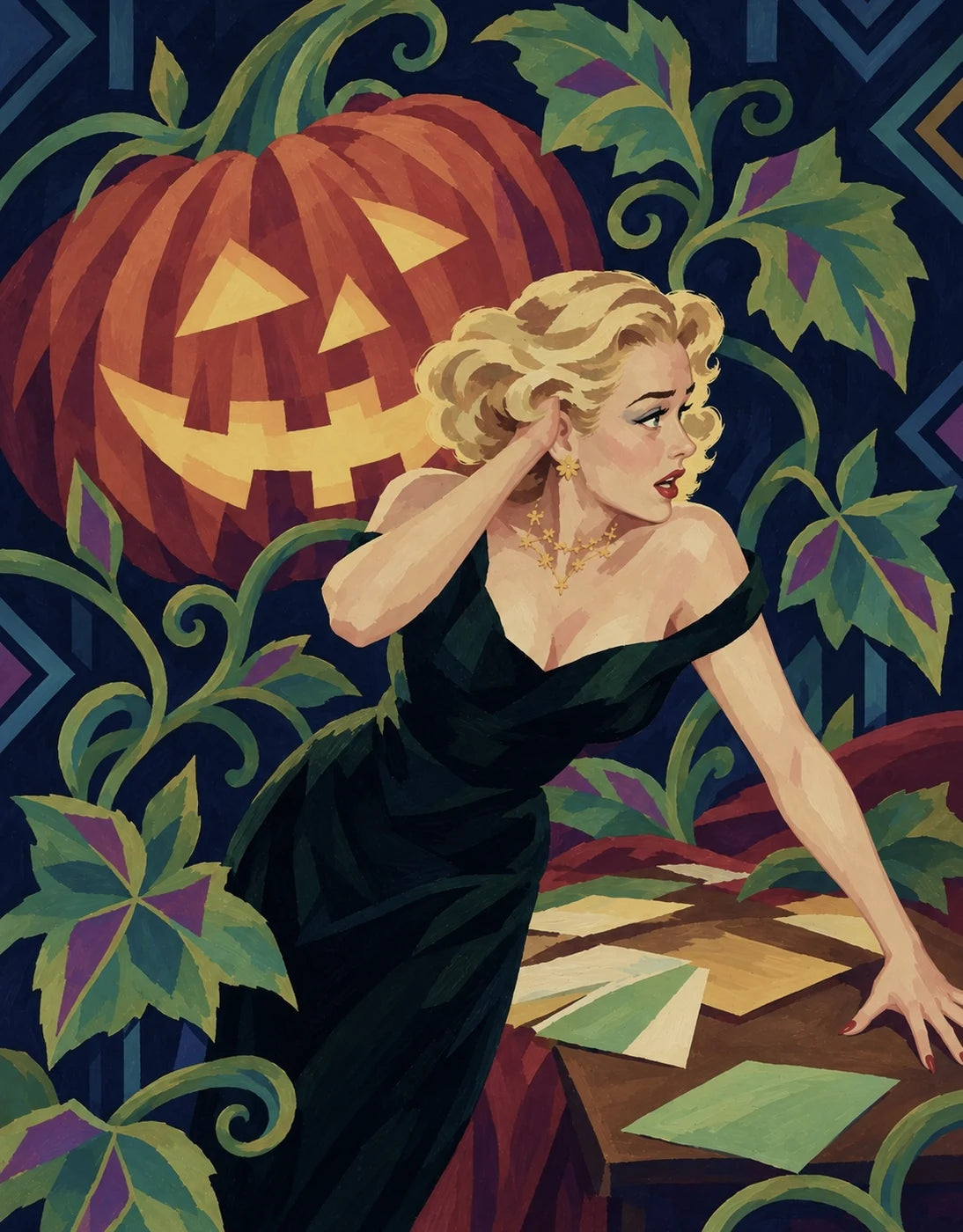 Autumn botanical illustration of a blonde woman in a black dress beside a glowing jack-o’-lantern, surrounded by curling pumpkin vines