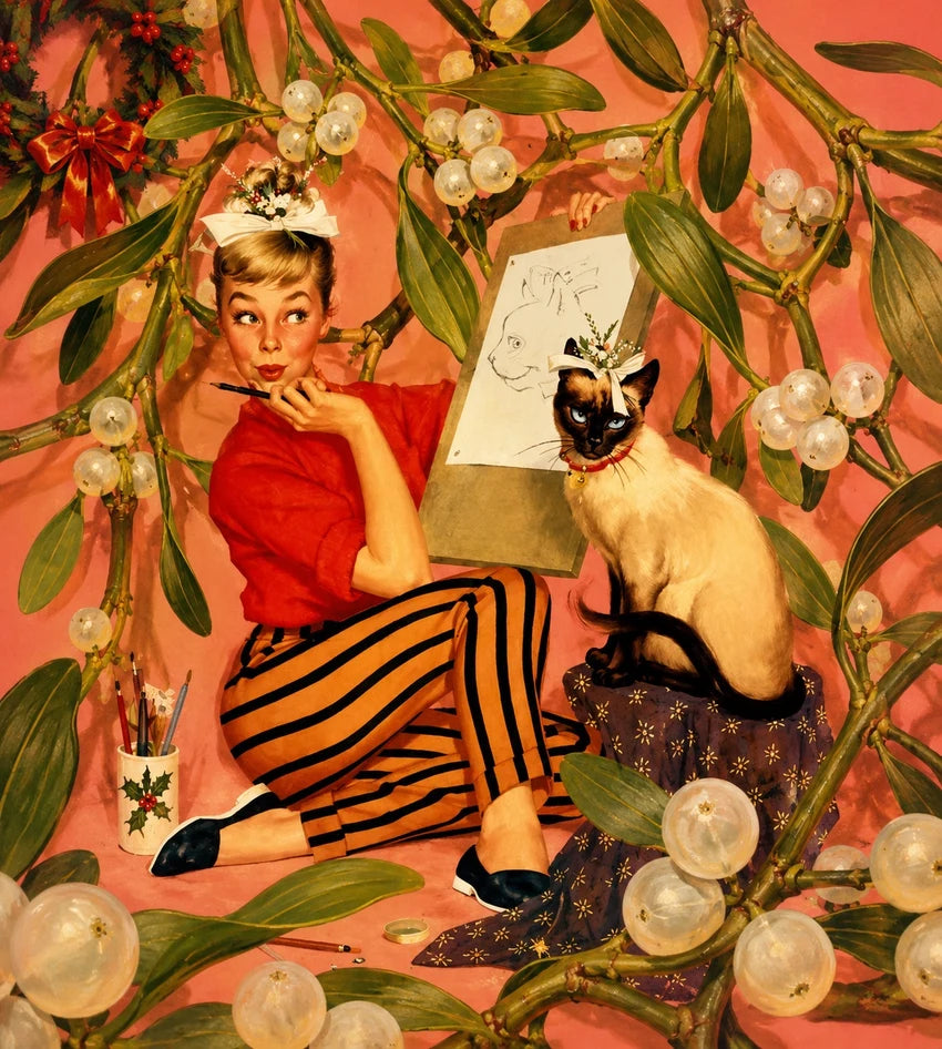 Unpublished botanical artwork: an artist and a Siamese cat surrounded by oversized mistletoe against a coral background