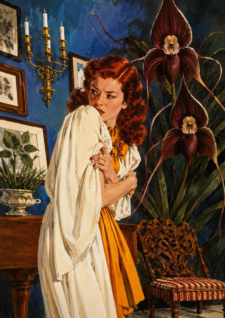Unpublished botanical artwork: a red-haired woman in a candlelit blue room beside oversized dark orchids